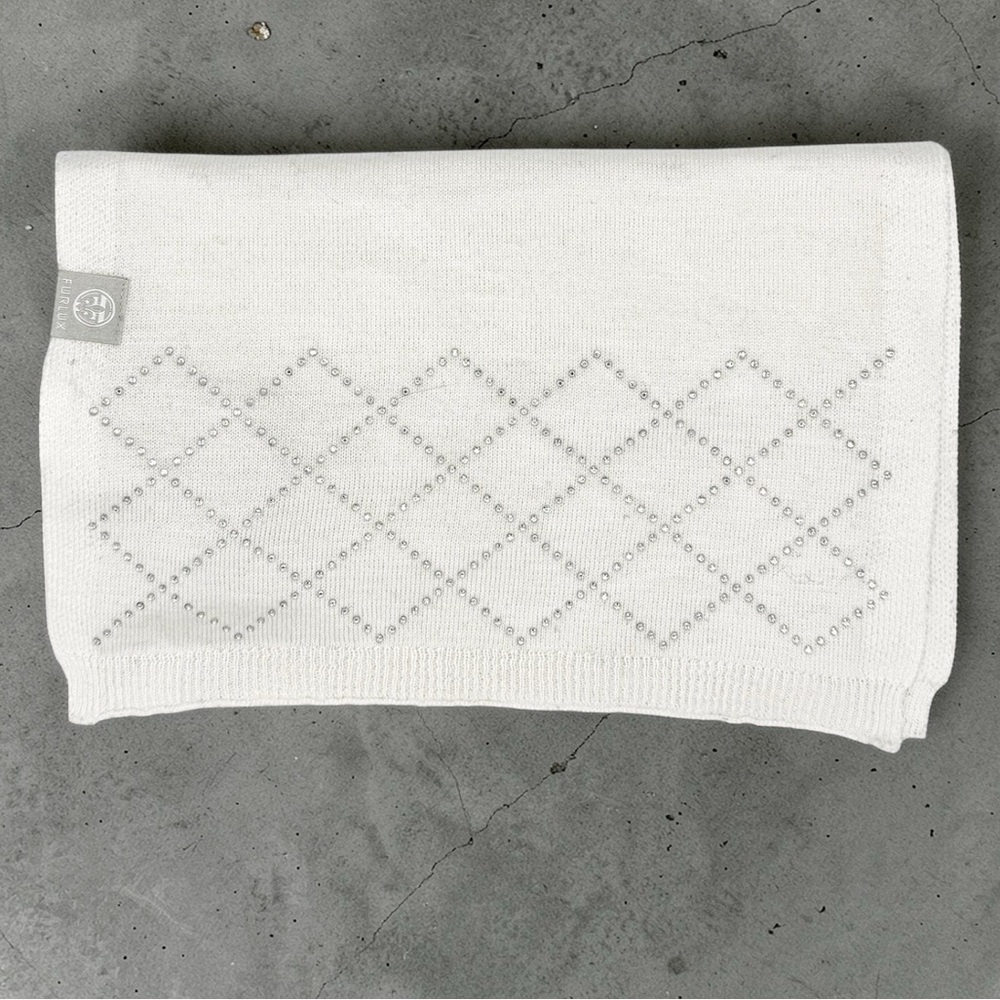 FURLUX Cashmere Scarf with Rhinestone Embellishment Diamond Pattern White NWT